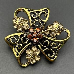 Yellow Gold with Champagne and Brown Topaz Crystal Ornate Flower Pin Back Brooch